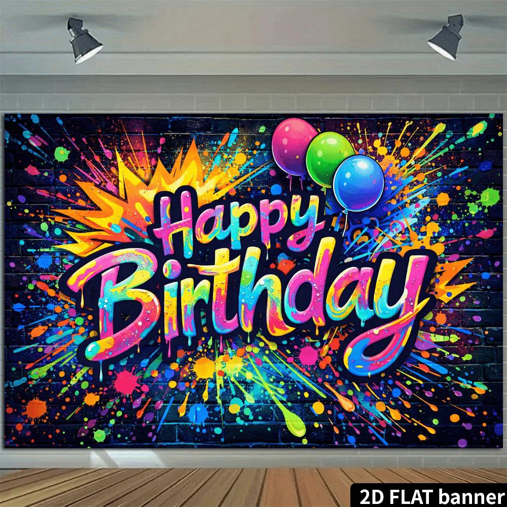 Tecido de Fundo para Festa de Aniversário Graffiti em Plano 2D - Efeito Vibrante de Salpicos de Tinta Spray - Texto Feliz Aniversário