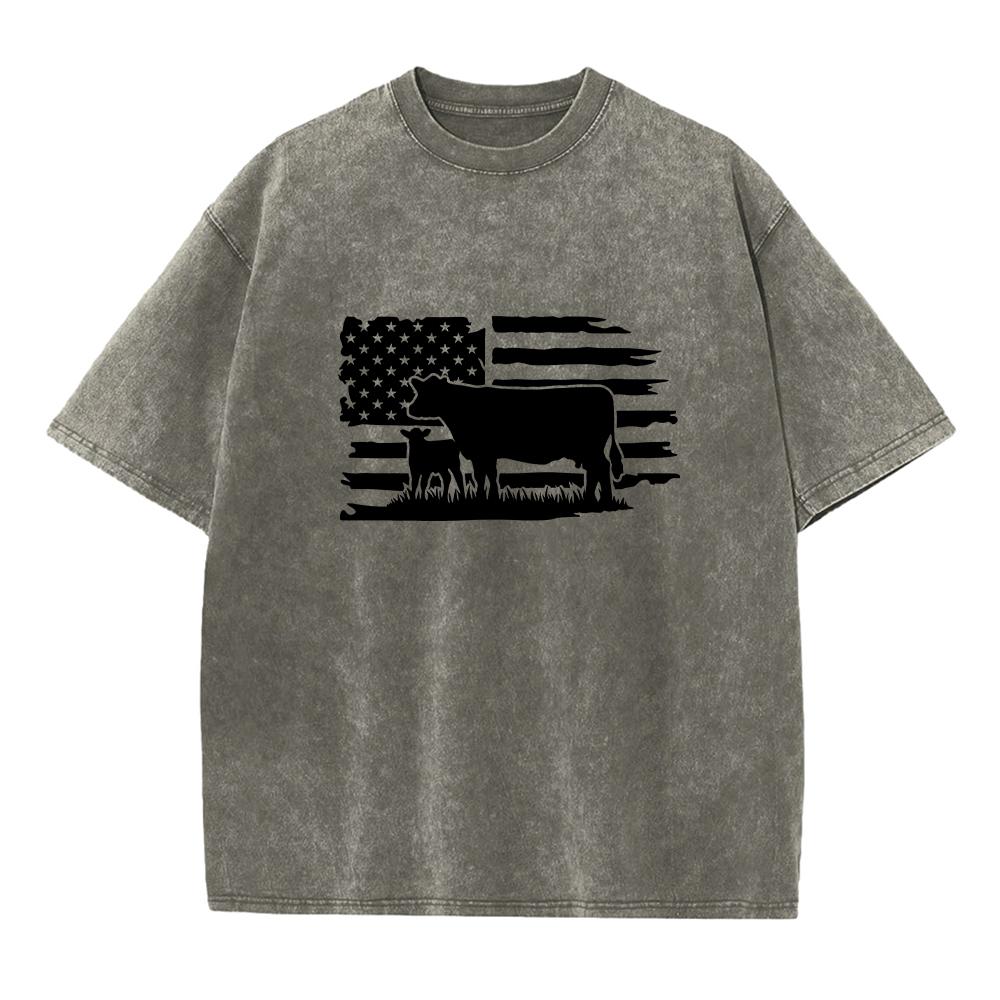 Mens Fun Cow Print Washed T Shirt Retro Distressed Style Casual Basic Street Fashion Pure Cotton Crew Neck Short Sleeved Top