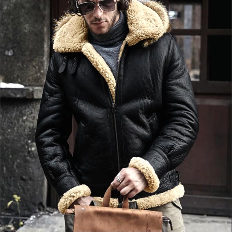 Men's European Style Shearling & Faux Leather Coat with Lambswool, Best Seller