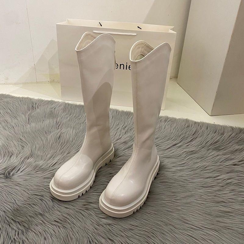 Fashion Solid Color Fleece-Lined Women's Long Boots Autumn Winter Comfortable and Elegant Trend 2025 Pu Hot Ladies Knee High Shaft Shoes