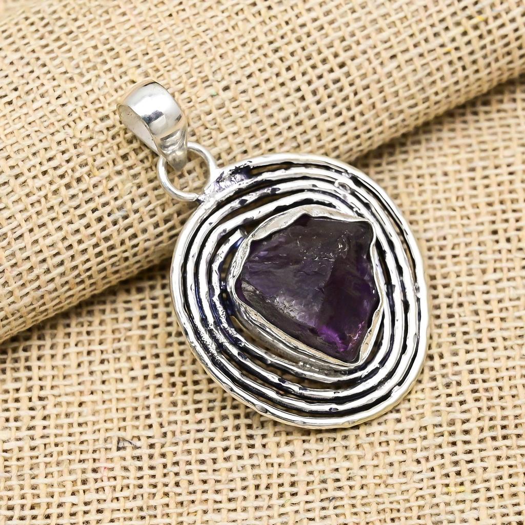 Gema de Amatista en Bruto Joyería de Plata de Ley 925 Colgante de Plata Hecho a Mano Para Regalo