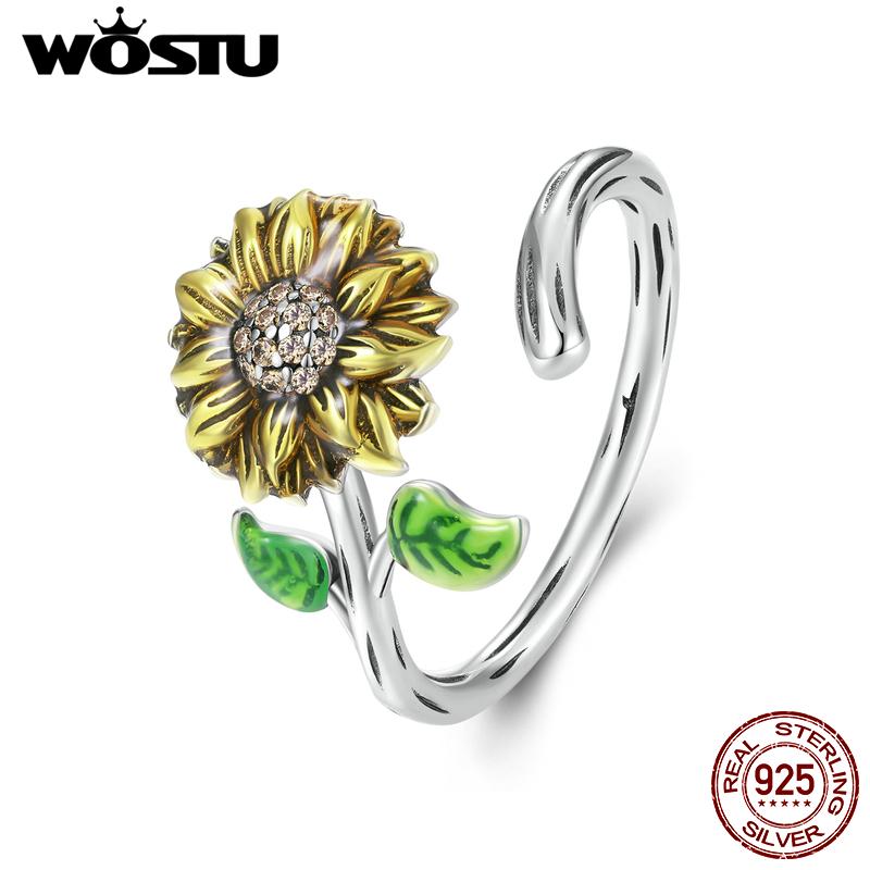 WOSTU Classical Sunflower Opening Rings For Women 925 Sterling Silver Oil Painting Flower Zircon Statement Ring Party Gift R934