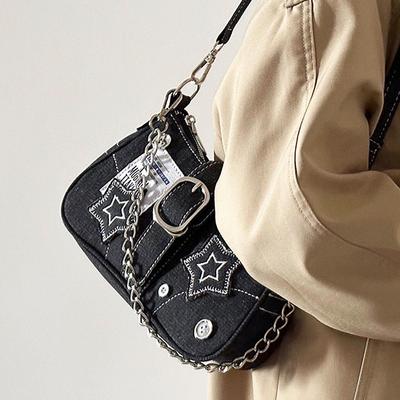 Y2k Fashion Women's Handbags Denim Stars Pattern Cool Girls Y2K Underarm Bag Retro Style Rivet Armpit Bag