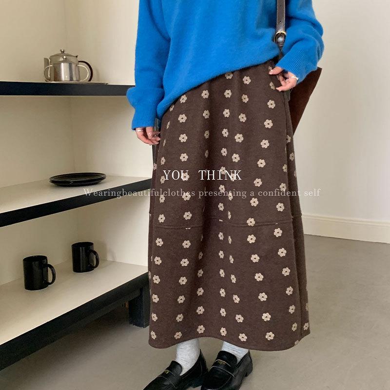 13th Row Winter Korean Style Elastic Waist Plush Velvet Daisy Skirt Large коричневый