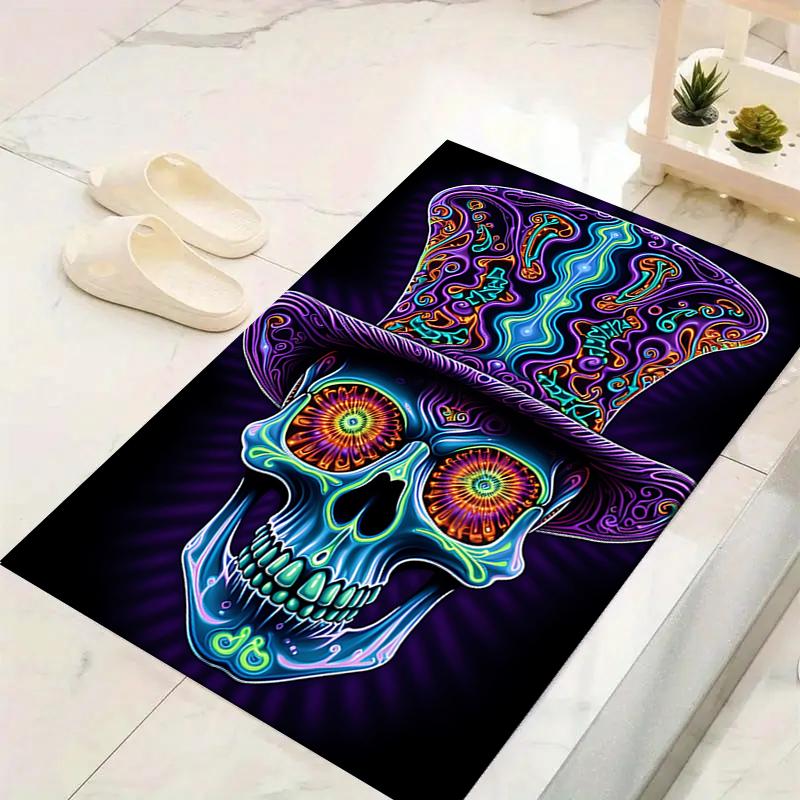 1Pc Psychedelic Skull Art Rug, Office Carpet Indoor Outdoor Doormat, Non-Slip, Comfortable, Living, Christmas Halloween, Xmas Gift G1193
