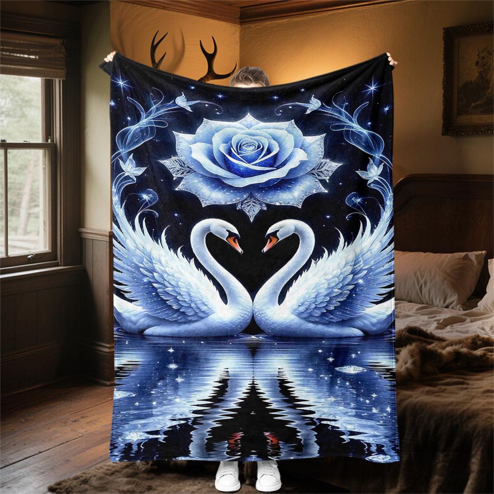 1pc Swan Love Outdoor Flannel Blanket Soft Warm All-Season Throw for Sofa Bed Car Camping Office, Cozy Gift Idea1192S