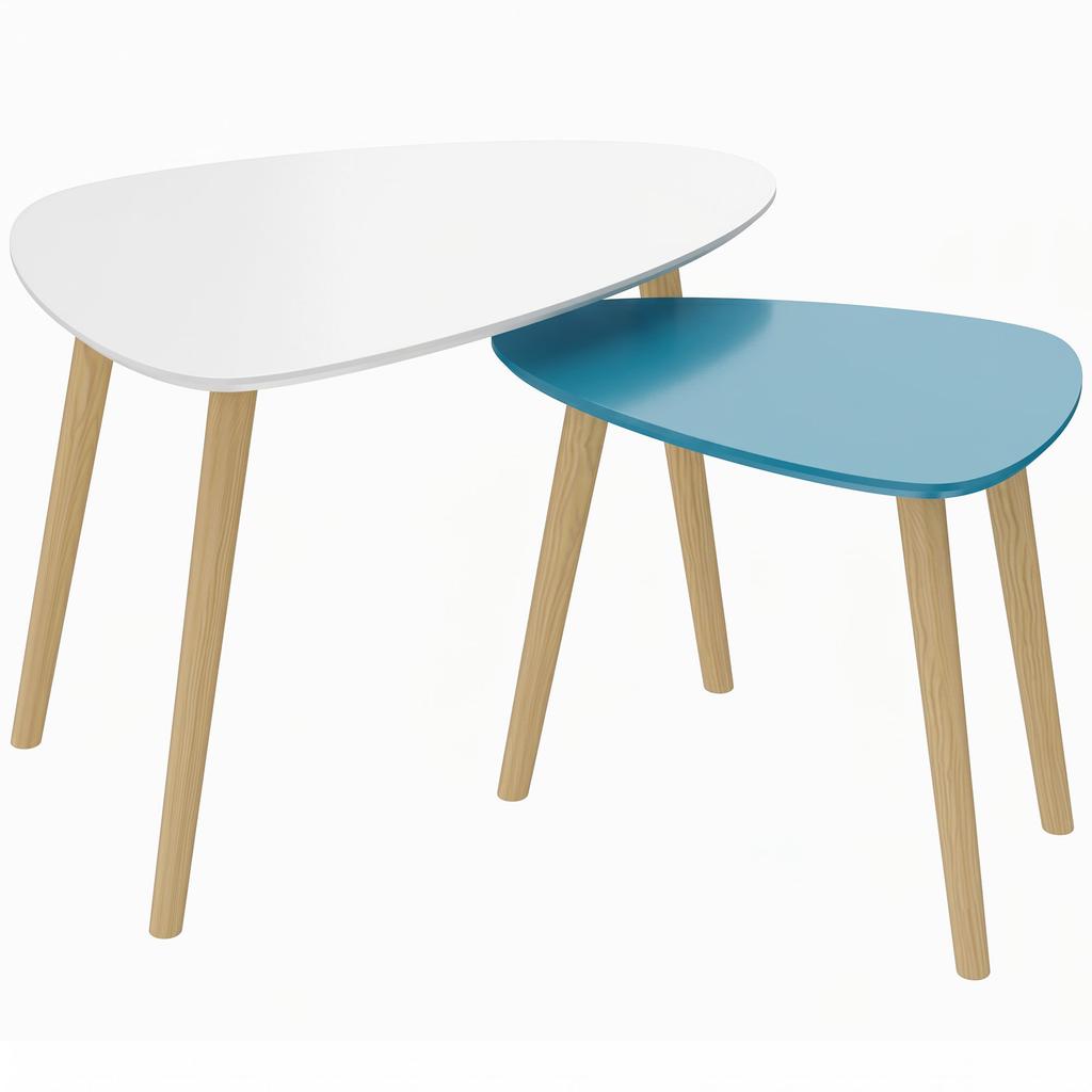 Nesting Coffee Tables, Set of 2, Wooden Legs, Wooden Tops, White and Blue