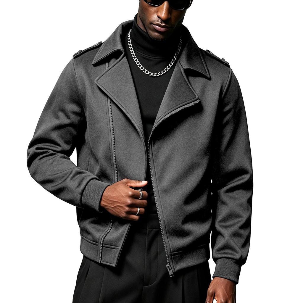 Mens Lapel Collar Motorcycle Jacket, Asymmetric Zipper Long Sleeve Casual Outerwear for Daily Wear