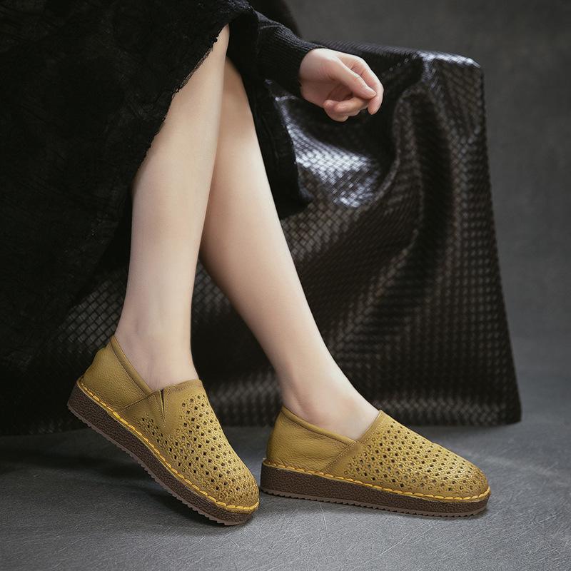 2026 Spring New Hollow Out Ventilated Slip On Soft Sole First Layer Cowhide Women Shoes