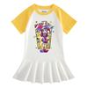 2026 Summer Korean Style Cartoon Short Sleeve Girls' Dress with Color Block and Pleated Skirt