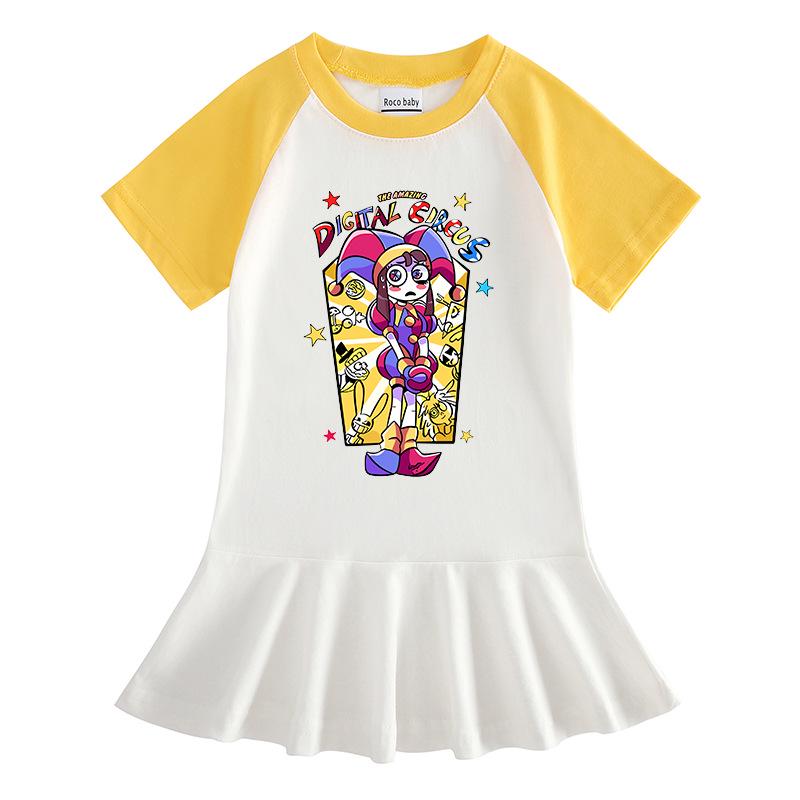 2026 Summer Korean Style Cartoon Short Sleeve Girls' Dress with Color Block and Pleated Skirt