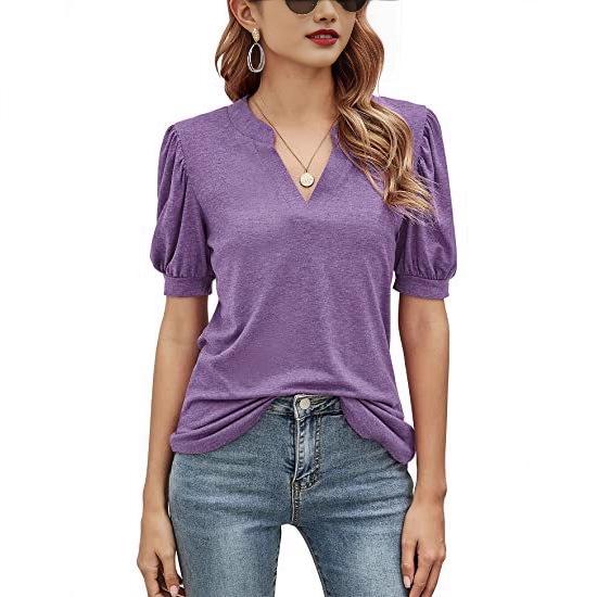 Women's Summer V-Neck Puff Sleeve Loose T-Shirt - Solid Color, Casual Style
