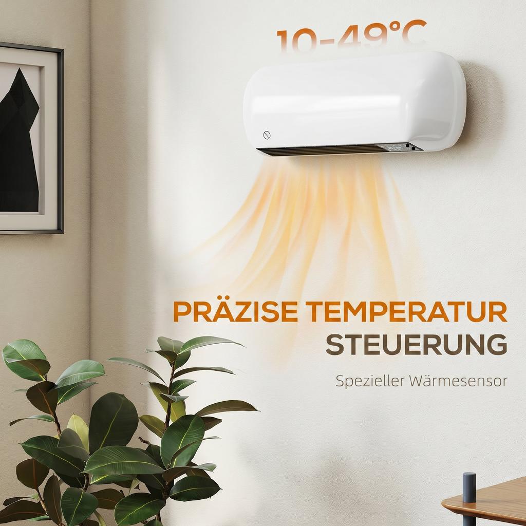 Wall Fan Heater 2000W Ceramic Wall Heater with Fan, 2 Power Levels, LED Display, Thermostat, White