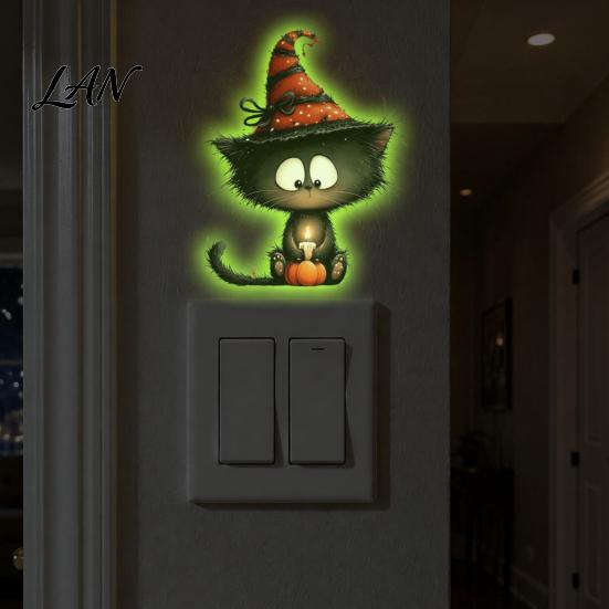 Halloween Atmosphere Room Decor Glow in The Dark Switch Outlet Stickers, Cute Black Cat Witch Theme Wall Decals Pumpkin Skull Decals, Waterproof