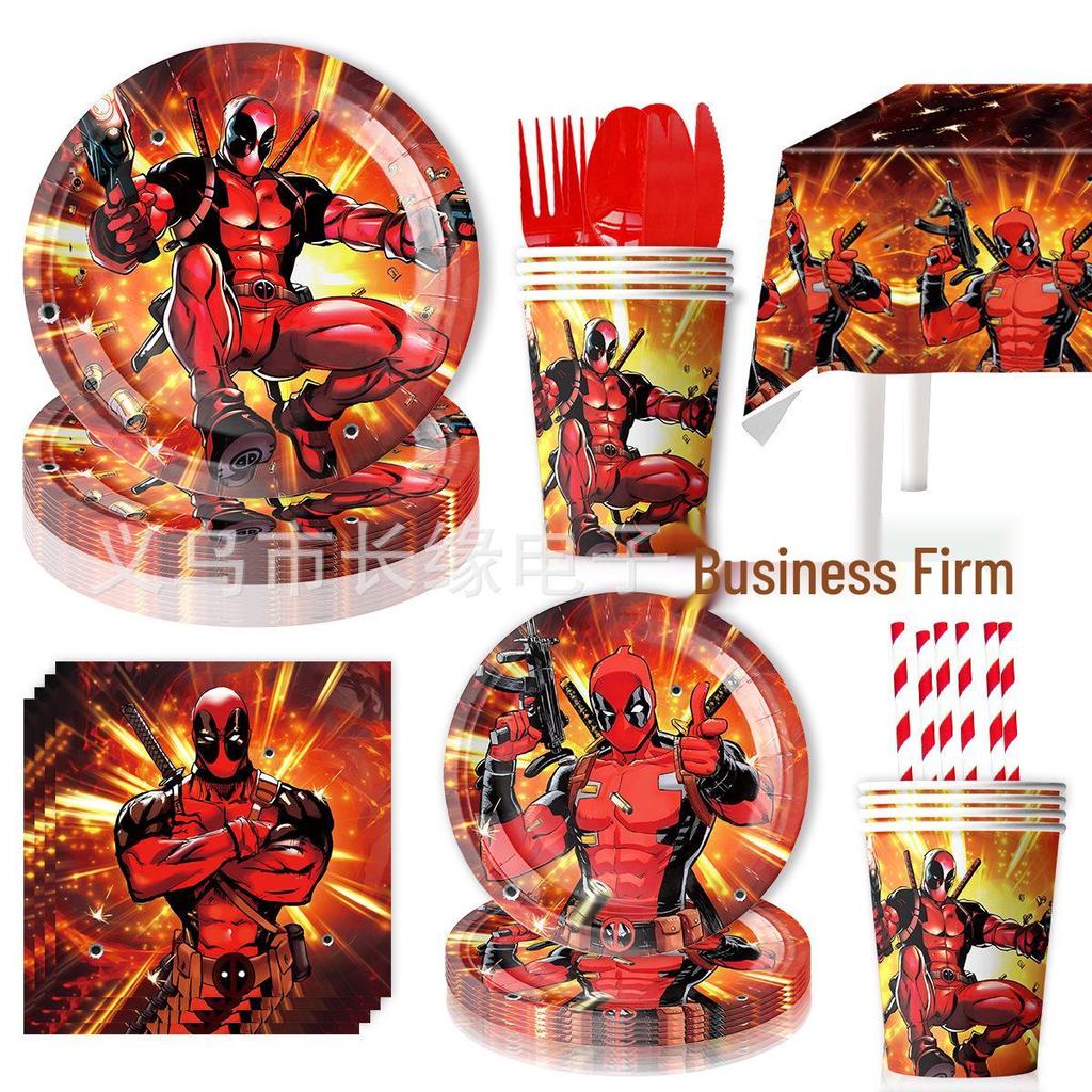Deadpool & Wolverine Birthday Party Disposable Tableware Set - Tablecloth, Plates & Cups