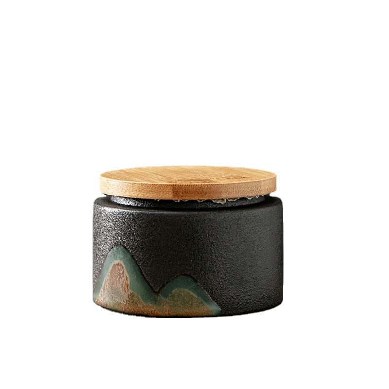 Cylindrical Mini Ceramic Tea Caddy with Wooden Lid Retro Household Sealed Bottle Box Candy Jar Jewelry Box Gift Jar Home Decor