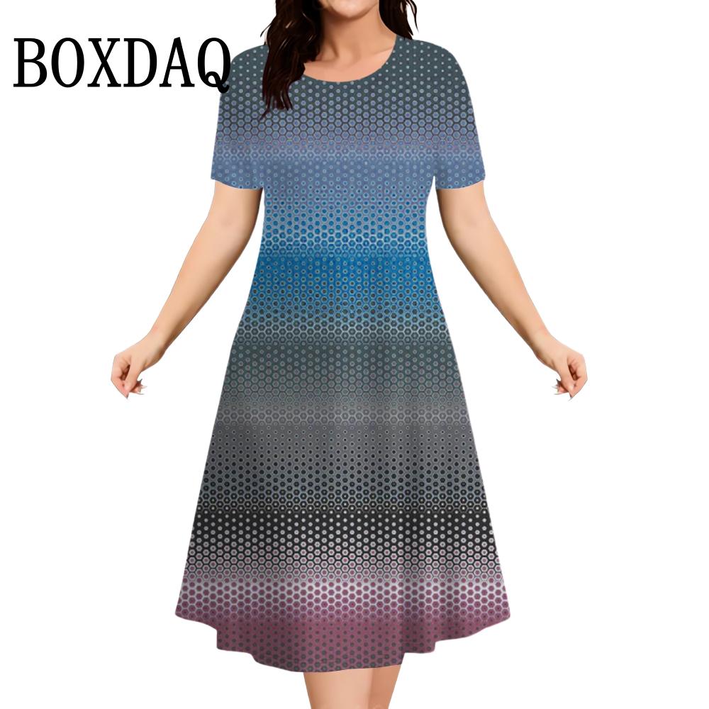 2026 Neue Damenkleider Sommer Mode Gestreift Gradient 3D Druckkleid Lässig Rundhals Kurzarm Locker Übergröße Kleid