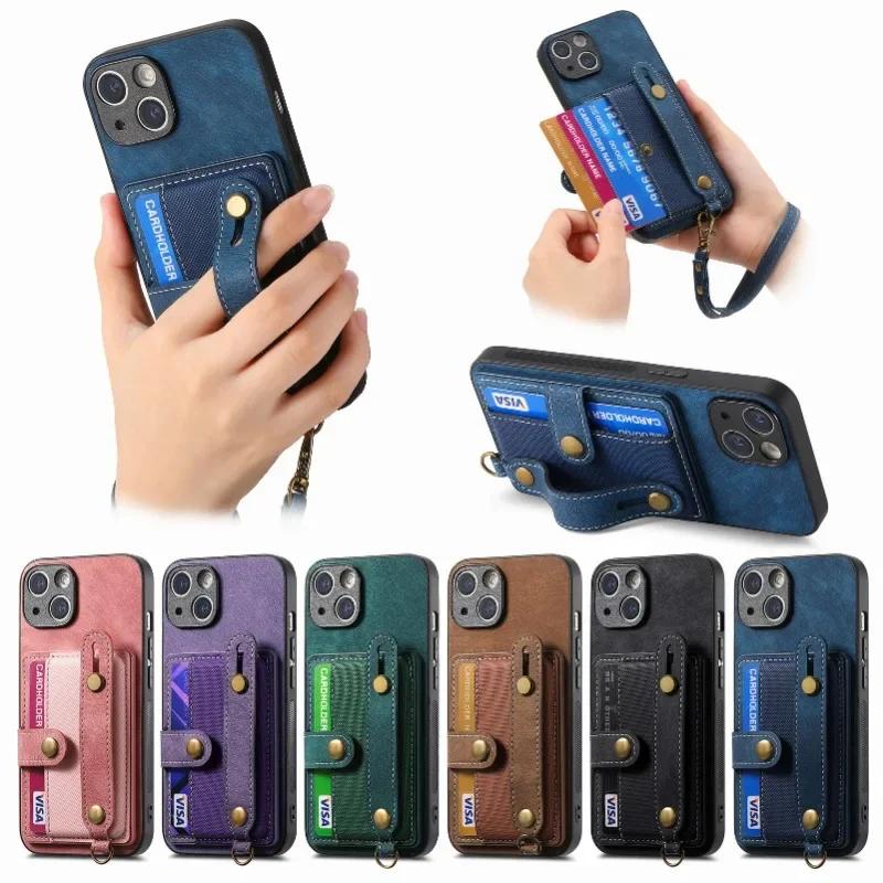 Wrist Strap PU Leather Stand Phone Case for IPhone 13 12 Mini 16 15 14 11 Pro Max XS X XR 8 7 Plus Wallet with Card Holder Cover