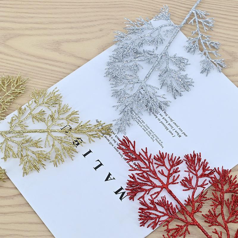 Christmas simulation gold powder pine branch simulation flower green plant glitter powder colorful cypress leaf gold powder branch accessories