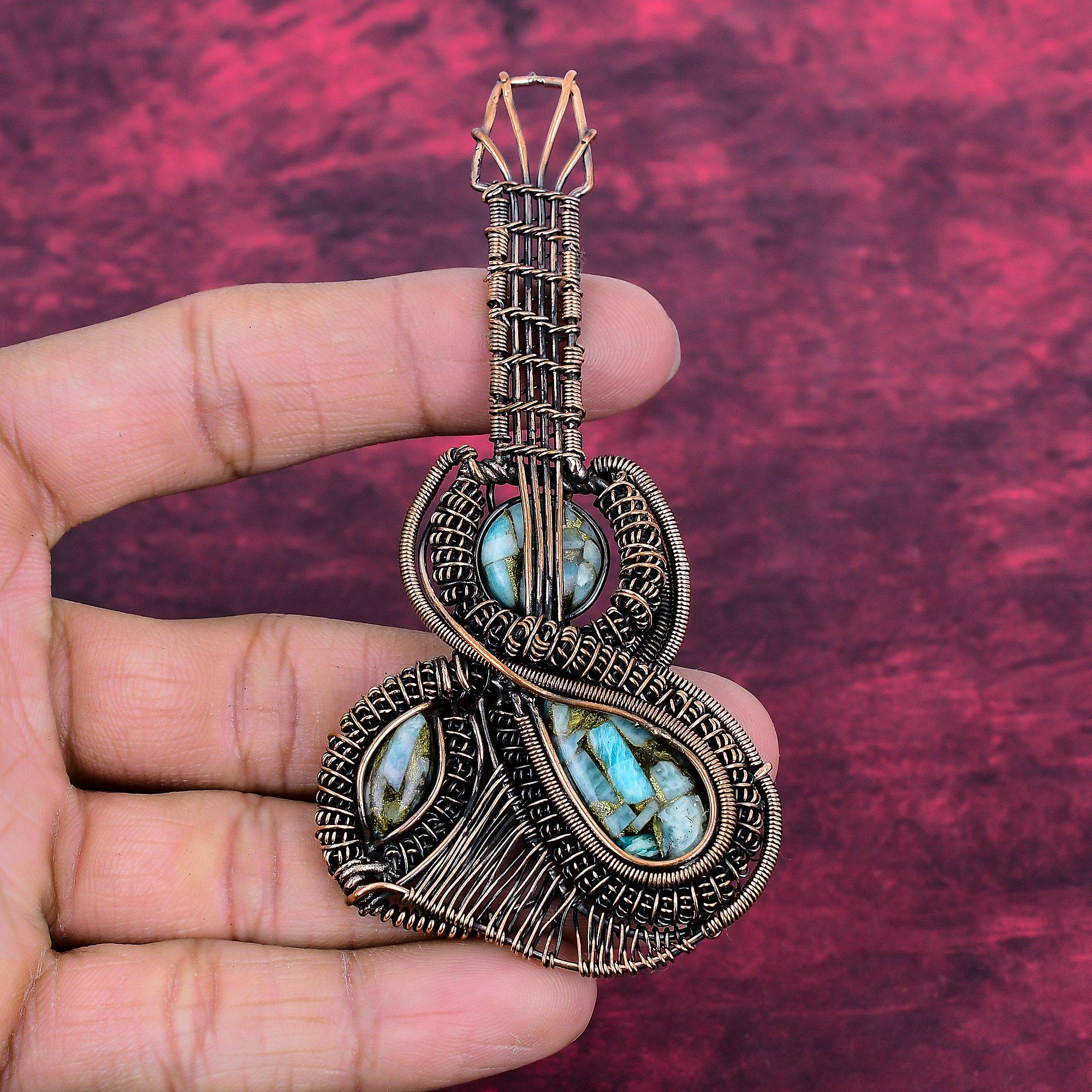 Copper Amazonite Gemstone Pendant Handmade Copper Wire Wrapped Guitar Pendant