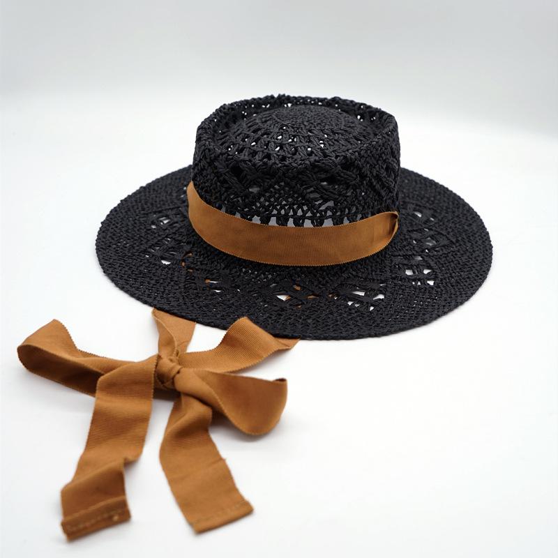 Japan Japanese French Retro Hollow Flower White Flat Top Top Hat Women'S Summer Sunshade Vacation Beach Straw Hat Outing