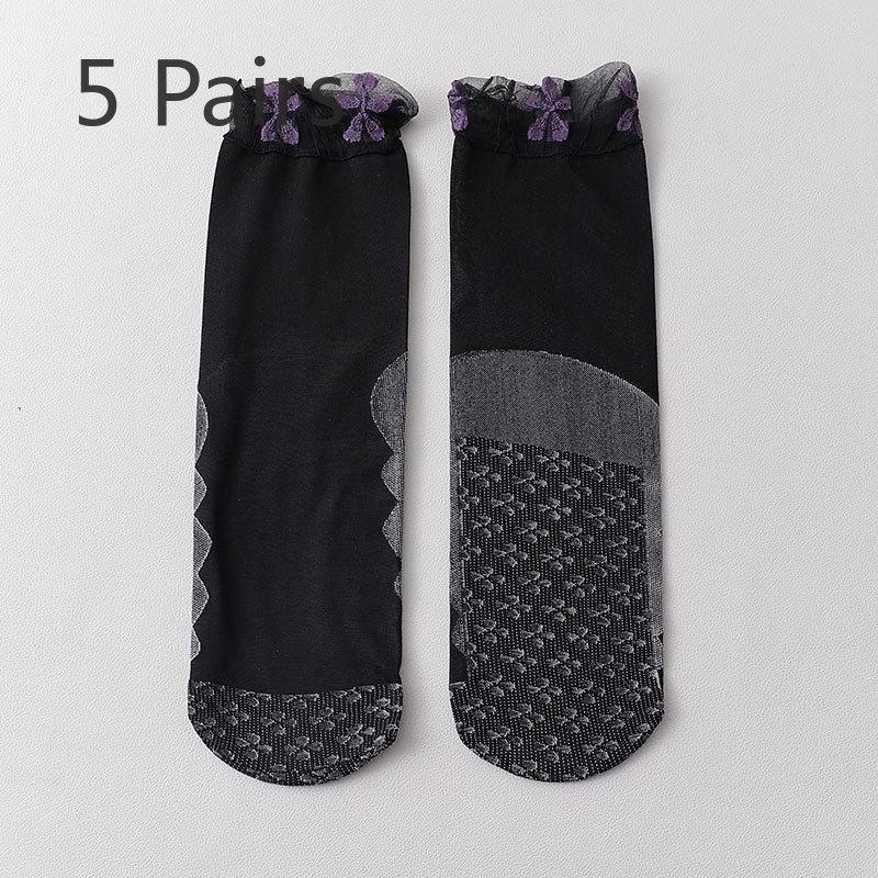 5 Pairs of Lace Women's Lace Loose Neckline Maternity Socks, Ultra-thin Breathable and Anti-slip Cotton Sole Anti-hooking Short Silk Socks