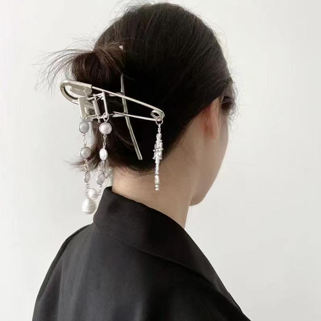 1pc Y2K fashion design pin cross metal chain pearl grab clip women's back of head hair clip large hair ornament