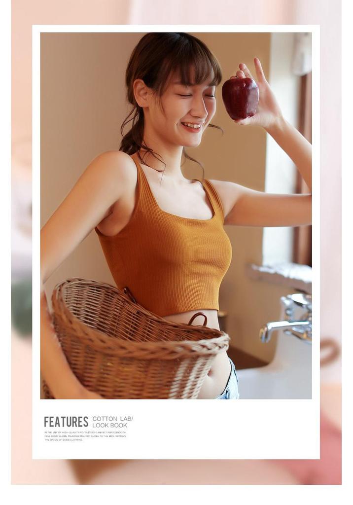 Women's Cotton Strap Tank Top with Built-in Chest Pads - Crop Top Bandeau Base Layer