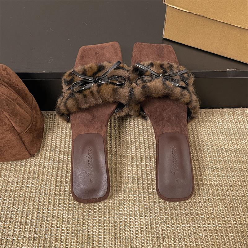 Fashion Bow Fluffy Slippers Autumn New Square Toe Open Toe Shaped Heel Kitten Shoes