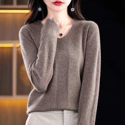 Damen-Strickpullover für Frühling und Herbst, V-Ausschnitt, langärmelig, einfarbig, Pullover, dünnes Oberteil, sanfter Wind, gestricktes Bottoming-Shirt