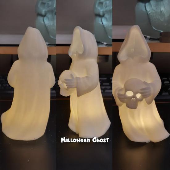 Spøkelseskranium med LED-telys Halloween 3D-printet skjelettspøkelseslampe Batteridrevet flimrende flammeløst nattlys for hjemmeborddekor