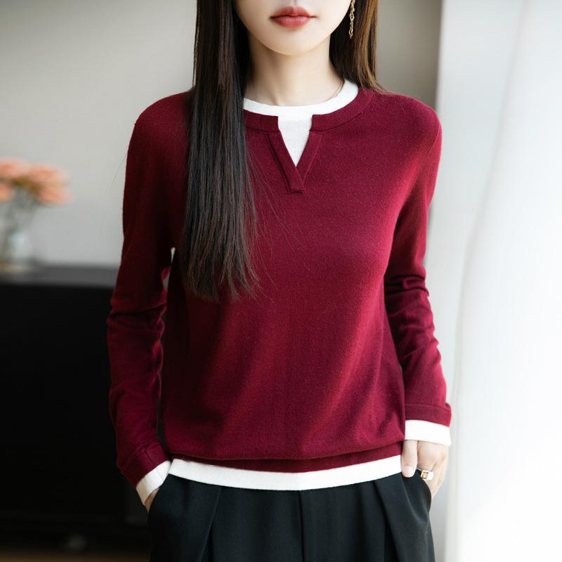 New Autumn and Winter Women's Round-neck Color-blocked Fake Two-piece Base Layer Knitted Sweater Pullover Long-sleeved Sweater