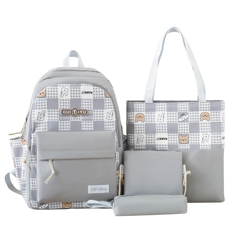 New Small Fresh and Cute Plaid Backpack Cartoon Bear Fashion Color Block Girl Backpack Junior High School Student School Bag