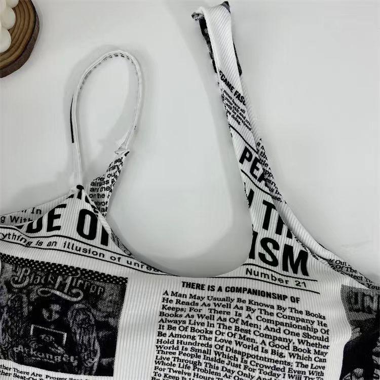 Ice Silk Newspaper Print Off-Shoulder Camisole Top for Women