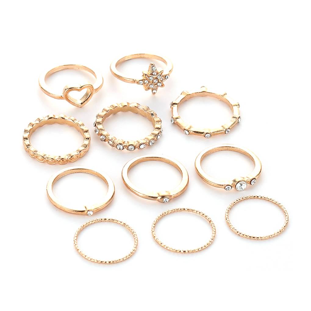 

Bohemian Retro Moon Joint Sets Women Girls Rhinestones Heart Shape Rings Hand Jewelry Set