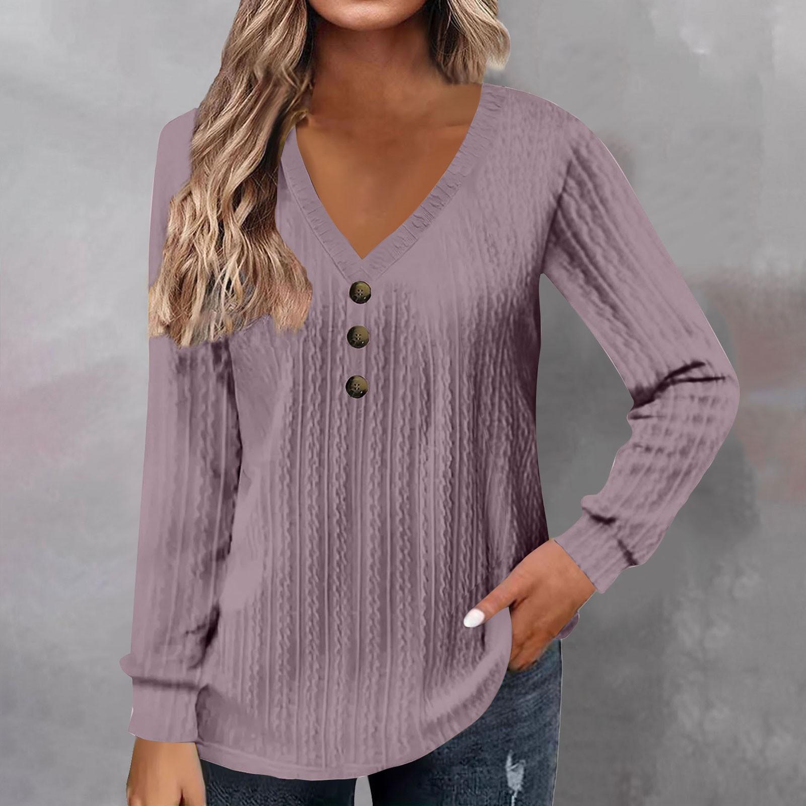 

Женская мода с длинным рукавом однотонная футболка с v-образным вырезом и пуговицами повседневный топ с принтом XXXL фиолетовый