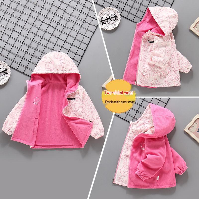Girls' Double-Sided Softshell Fleece Jacket - Spring/Fall 2026, Plus Velvet Windbreaker.
