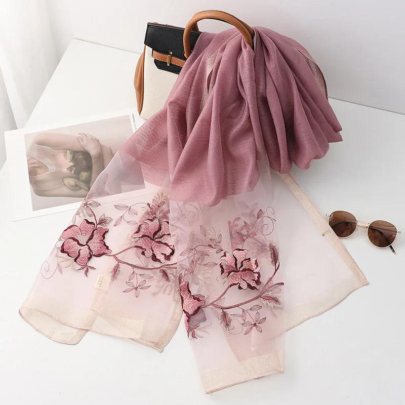Fashion silk wool scarf women hijab pashmina shawls wrap Luxury Bandana Blanket Floral Pashmina Embroidery Scarves Foulard