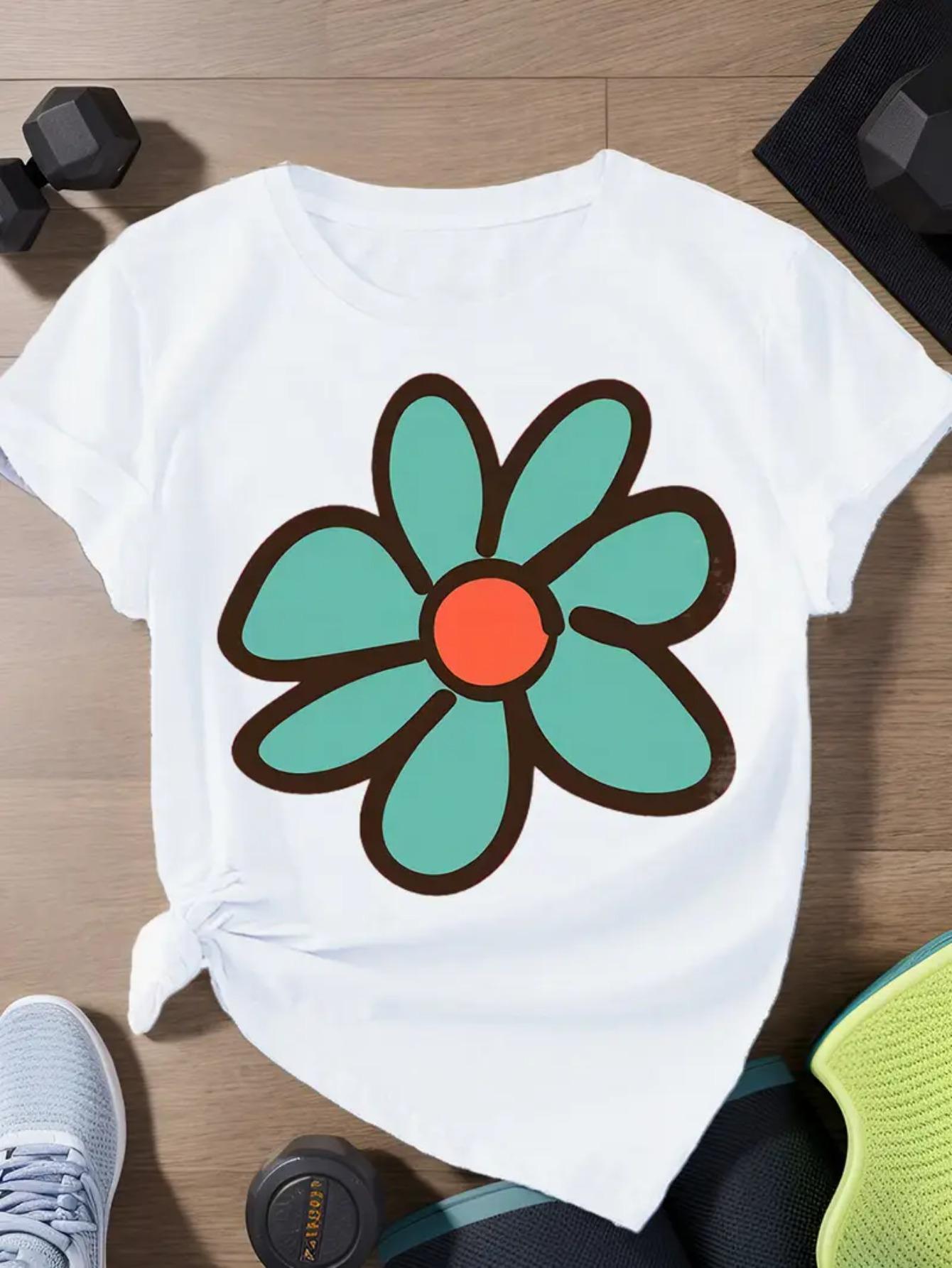 Large Floral Pattern Printed Summer Womens Top Short Sleeved Casual Round Neck Tshirt Summer Fashion Comfort Womens Clothing S