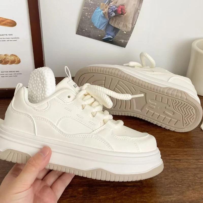 Fashion Round-toe Lace-up Casual White Thick-soled Vulcanized Shoes Seasonal New Comfortable Flat-soled Fashion Sneakers