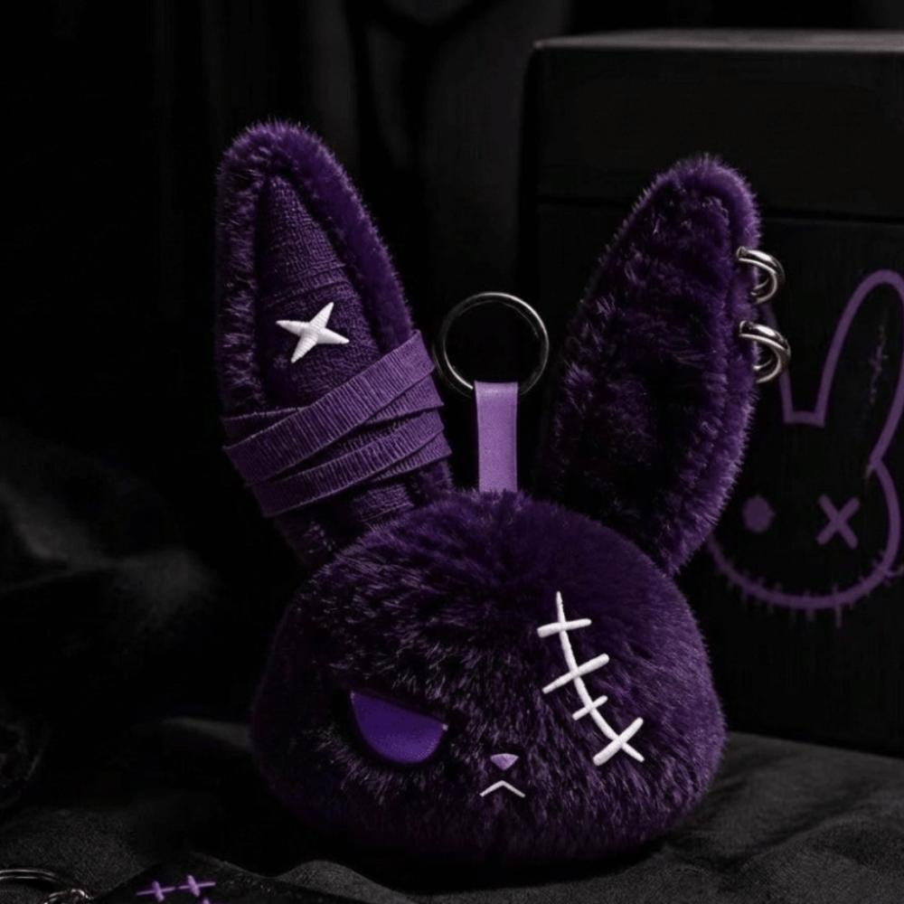 Gothic Wounded Rabbit Keyring Hoop Earrings Cute Furry Bag Pendant Gift For Women