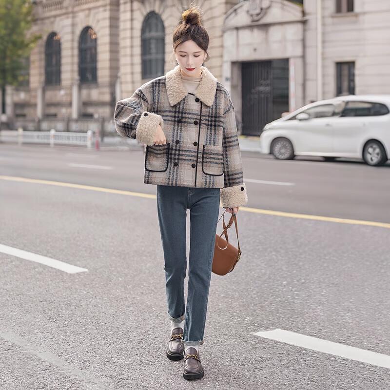 Damen Retro Karierter Wollmischungs-Reversmantel