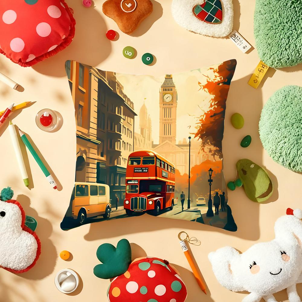 Uk Scenery Retro Cushion Cover Plush Fabric Soft Double-Sided Printed Sofa Warm Winter Home Gift Pillow Cover