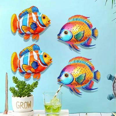 2 Pcs Wooden Fish Wall Art Tropical Fish Sculpture Coastal Beach Sea Animal Wall Hanging Ornament for Bathroom Pool Patio Fence Decor