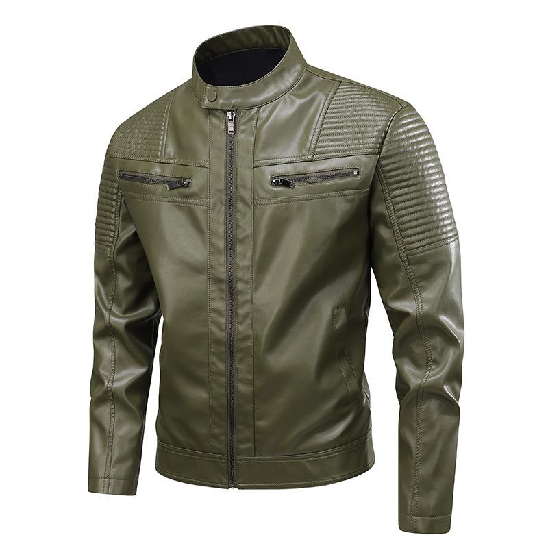 PU Leather Jacket Autumn and Winter Men's Stand-up Collar Motorcycle Suit Zipper Leather Jacket