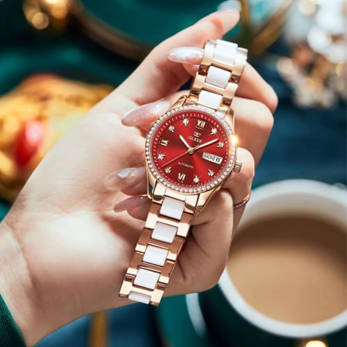 OLEVS Women's Watch Popular Mechanical Arm Watch Women's Stylish Date Cute Bracelet Present Ceramic Red