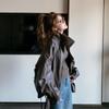 Women's Coffee Leather Motorcycle Jacket - High-End American Retro Style for Spring & Autumn 2025