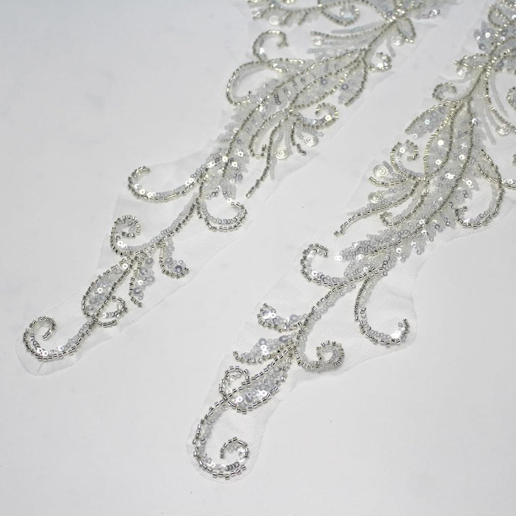 Ein Paar 3D Perlenstickerei Pailletten Spitze Applikation Aufnäher Blume Stoff Kragen Patch für Hochzeitskleid Braut DIY Handwerk(Weiß)