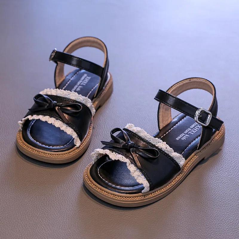 Fashion Girl's Summer Sandals Ruffles Matte Pu Leather Daily Kids Sliders Flat Stylish Open Toe Anti-slip Sweet Children Shoes 26-36