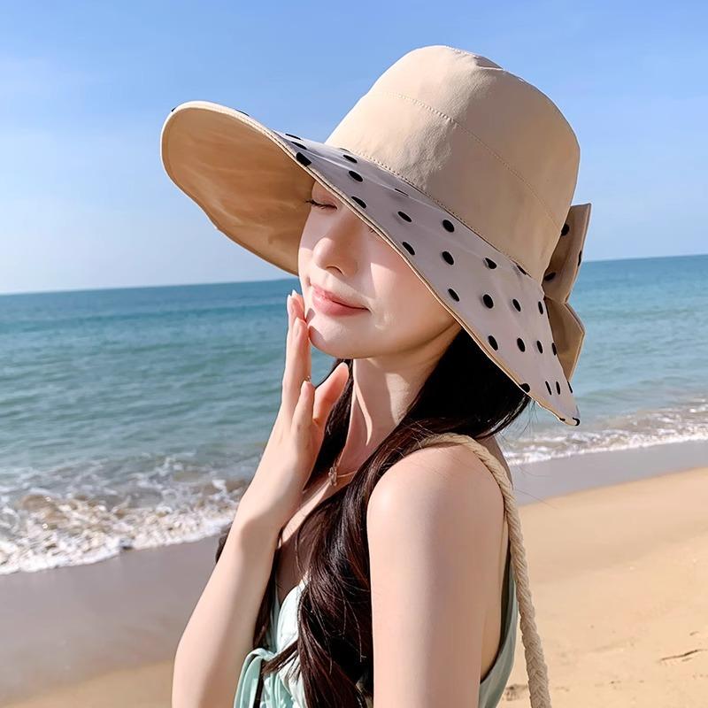 Women's Spring and Summer Elegant and Versatile Large Brimmed Sun Hat Korean Version Polka Dot Bow Fisherman Hat Foldable Outing Basin Hat